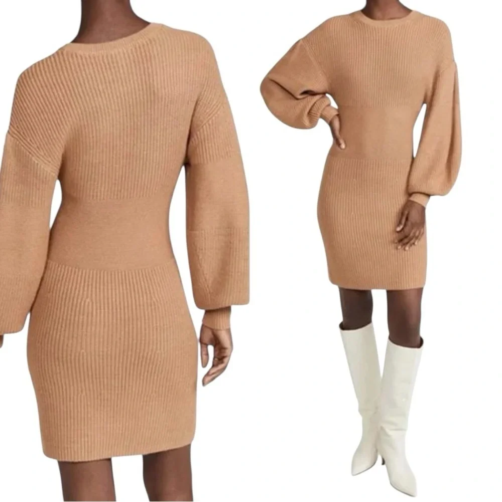 STAUD Marylebone Knit Sweater Dress‎ in Camel - Picture 3 of 11